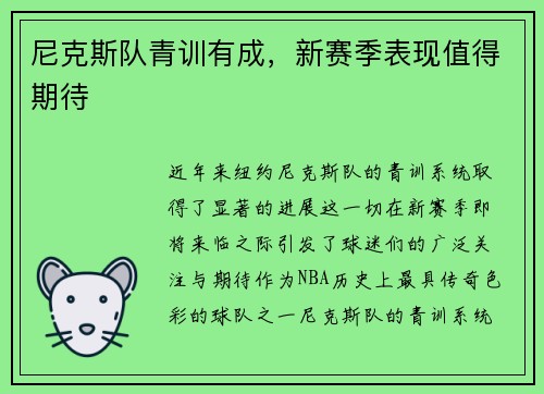 尼克斯队青训有成，新赛季表现值得期待